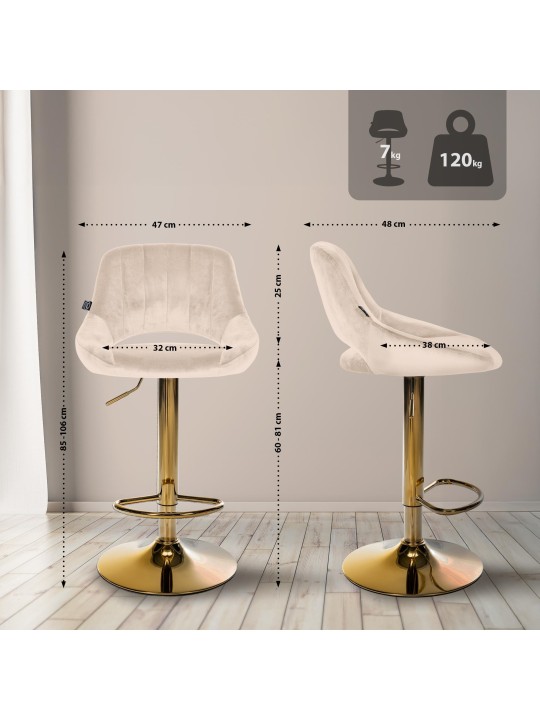 Banco de bar Milet veludo dourado, creme
