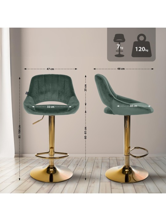 Banco de bar Milet veludo dourado, verde