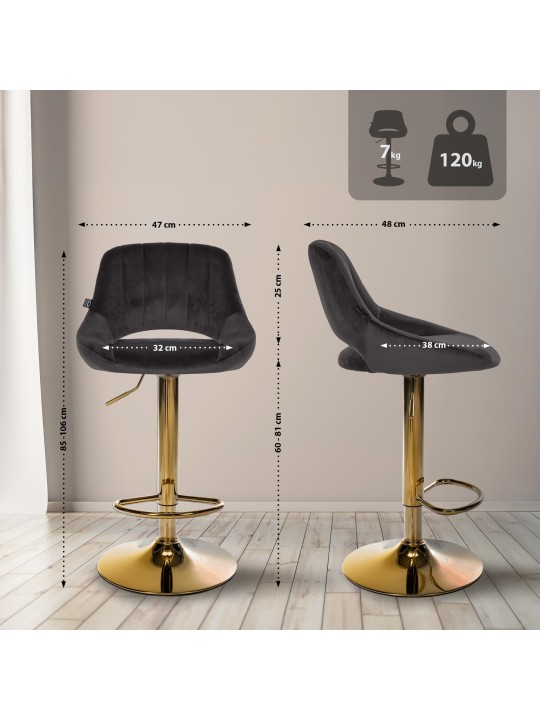 Banco de bar Milet veludo dourado, preto