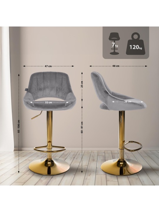 Conjunto de 2 bancos de bar Milet Veludo G, cinzento escuro