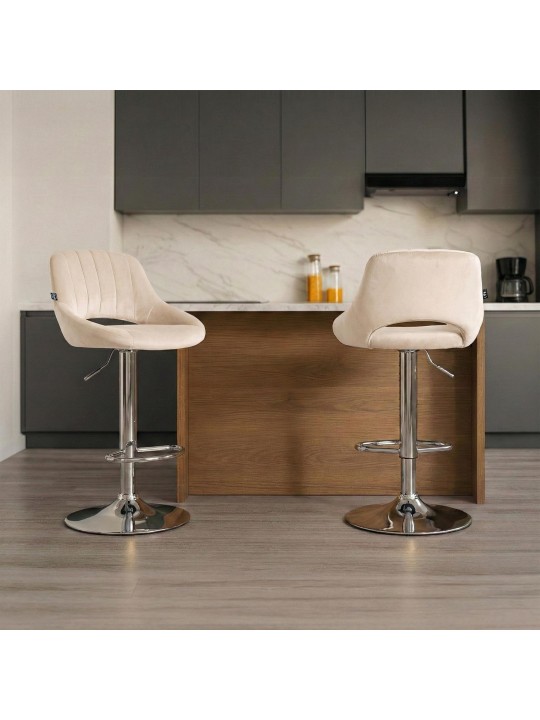Banqueta alta Milet veludo cromado, creme