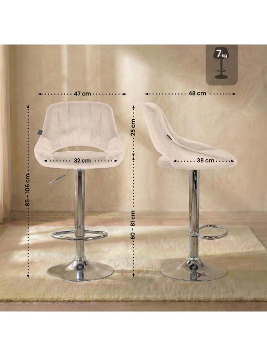 Banqueta alta Milet veludo cromado, creme