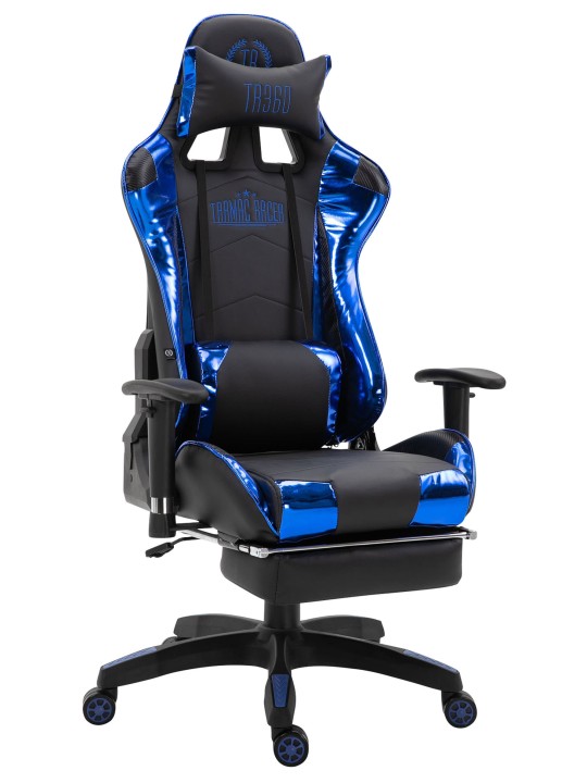Cadeira de escritório de corrida Turbo com apoio para pés brilhante, preto/azul