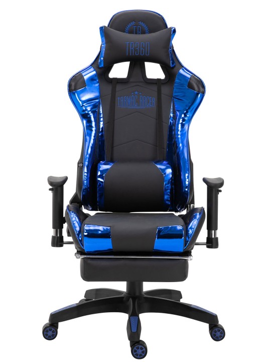 Cadeira de escritório de corrida Turbo com apoio para pés brilhante, preto/azul
