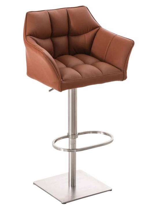 Conjunto de 2 bancos altos em pele sintética Damaso em aço inoxidável, castanho claro