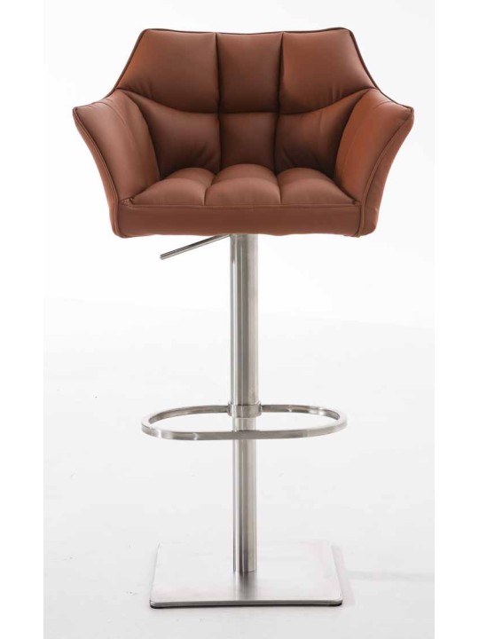 Conjunto de 2 bancos altos em pele sintética Damaso em aço inoxidável, castanho claro