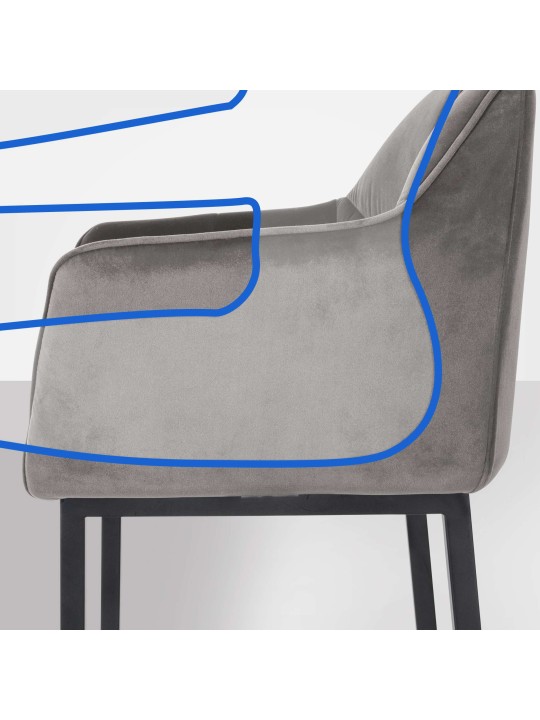 Banco alto Damaso B em veludo com estrutura de 4 pés, cinza