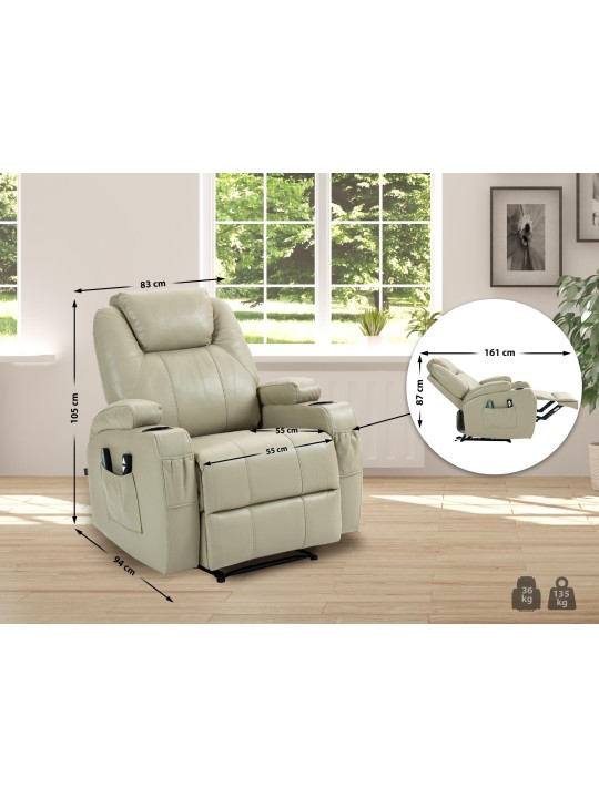 Poltrona Hepler com função de massagem em couro sintético, creme