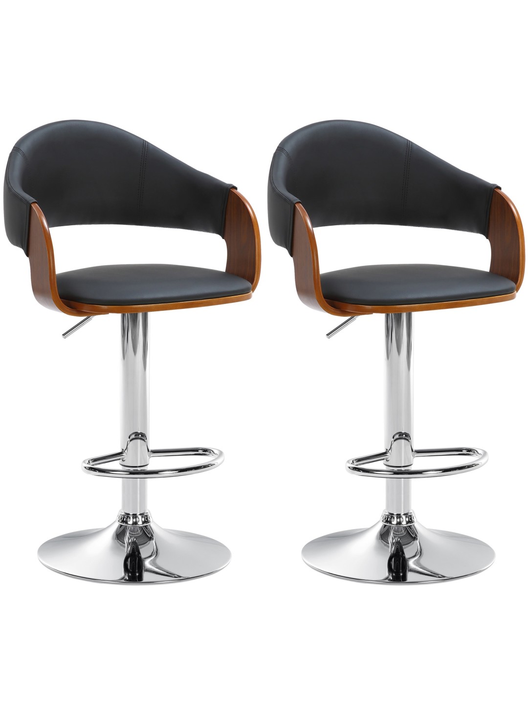 Conjunto de 2 bancos altos Nilse em pele sintética cromada, nogueira/preto