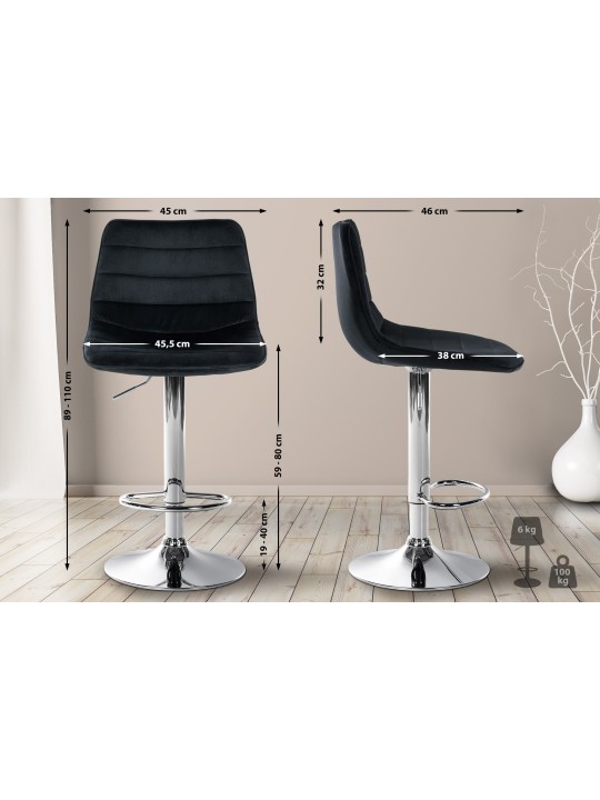 Conjunto de 2 bancos altos Lex veludo cromado, preto Conjunto de 2 bancos altos Lex veludo cromado, preto