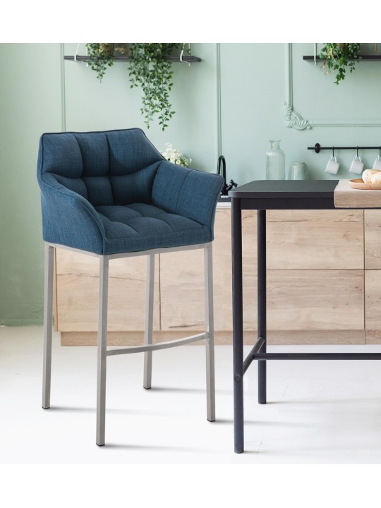 Banqueta alta tecido Damaso E com estrutura de 4 pés, azul