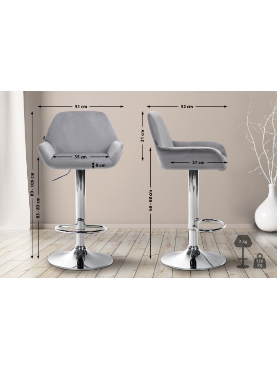 Conjunto de 2 bancos altos Braga veludo cromado, cinza Conjunto de 2 bancos altos Braga veludo cromado, cinza