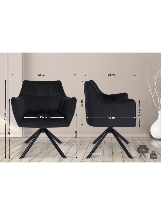 Cadeira de jantar giratória de veludo, preto