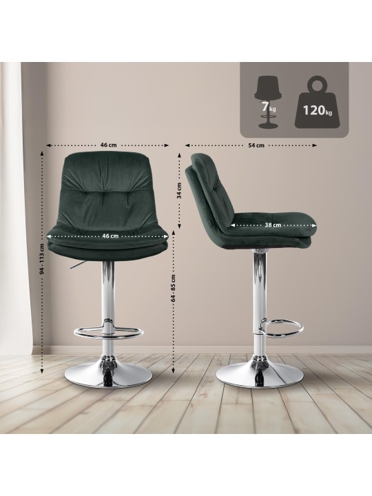 Banco de bar Laurel Velvet Chrome, verde escuro Banco de bar Laurel Velvet Chrome, verde escuro