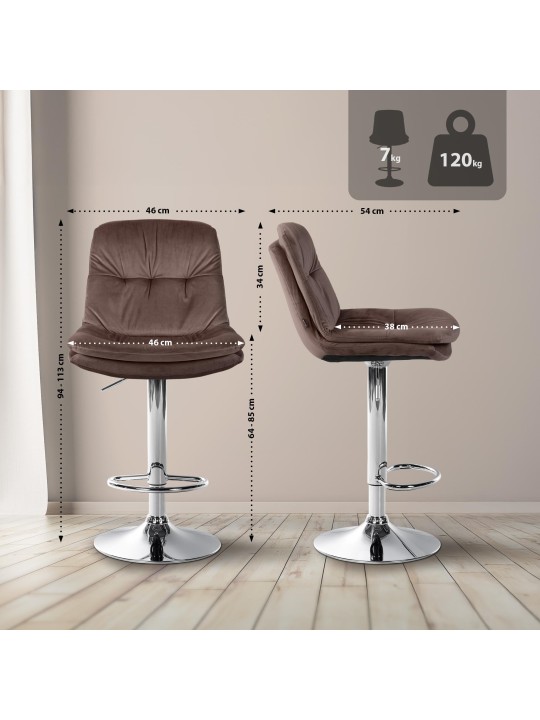 Banco de bar Laurel Velvet Chrome, castanho