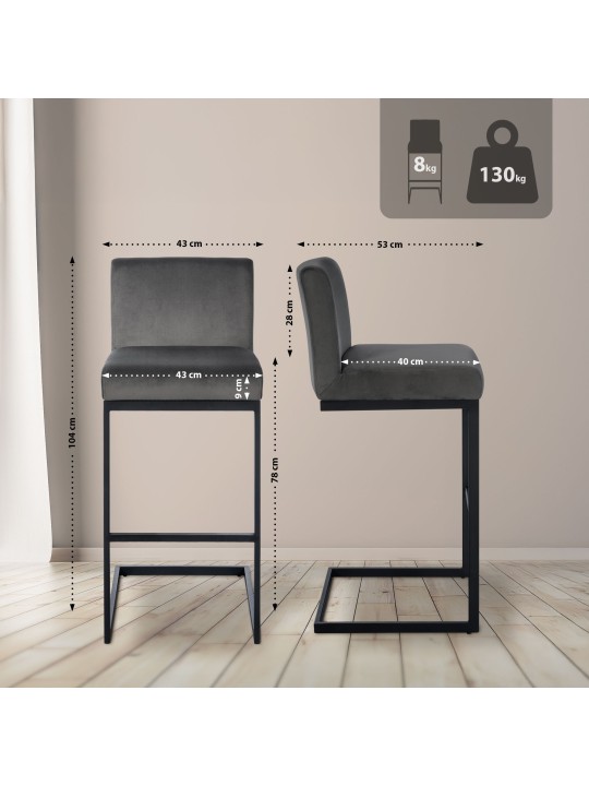 Banqueta alta Hopewell veludo B, cinza