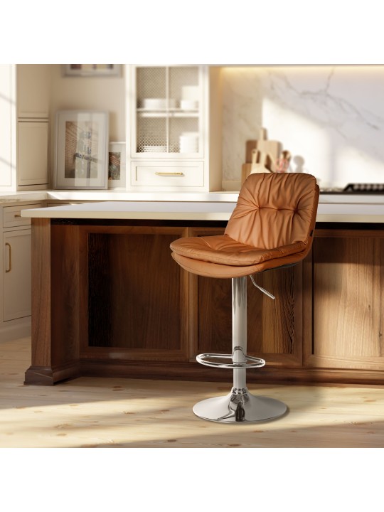 Banqueta alta Laurel couro sintético cromado, castanho claro