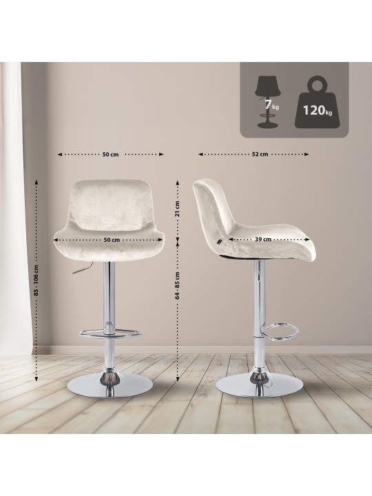 Conjunto de 2 bancos altos Solon veludo cromado, creme