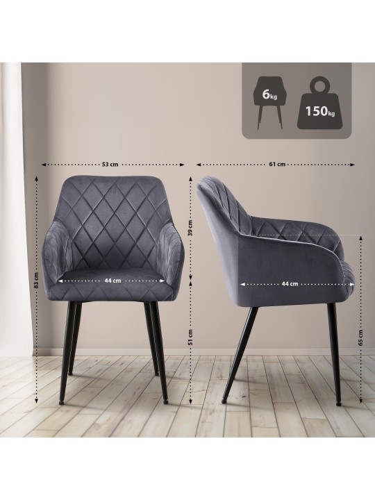 Conjunto de 2 cadeiras para sala de jantar Monett veludo B, cinza escuro