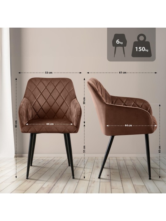 Conjunto de 2 cadeiras para sala de jantar Monett veludo B, castanho