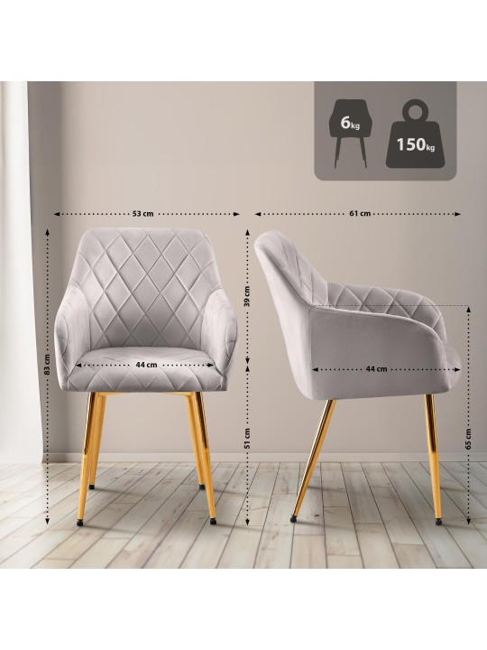 Conjunto de 2 cadeiras para sala de jantar Monett veludo G, cinza