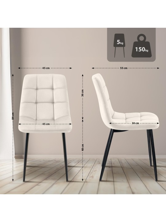 Conjunto de 4 cadeiras de jantar em veludo Tilde, branco creme