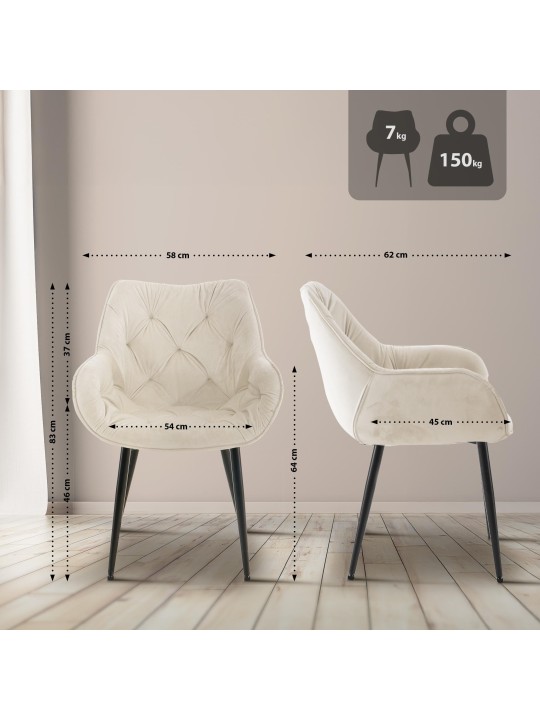 Conjunto de 2 cadeiras Tanna veludo, creme