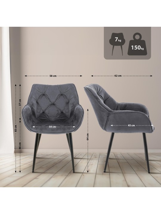 Conjunto de 4 cadeiras Tanna veludo, cinza escuro
