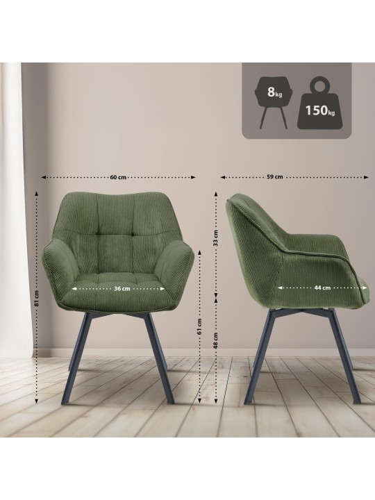 Cadeira da sala de jantar Jordi Cord, verde Cadeira da sala de jantar Jordi Cord, verde