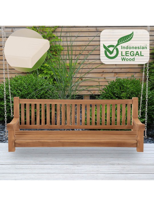 Banco de balanço Joyce com almofada de assento 180 cm + teca, creme Banco de balanço Joyce com almofada de assento 180 cm + teca, creme