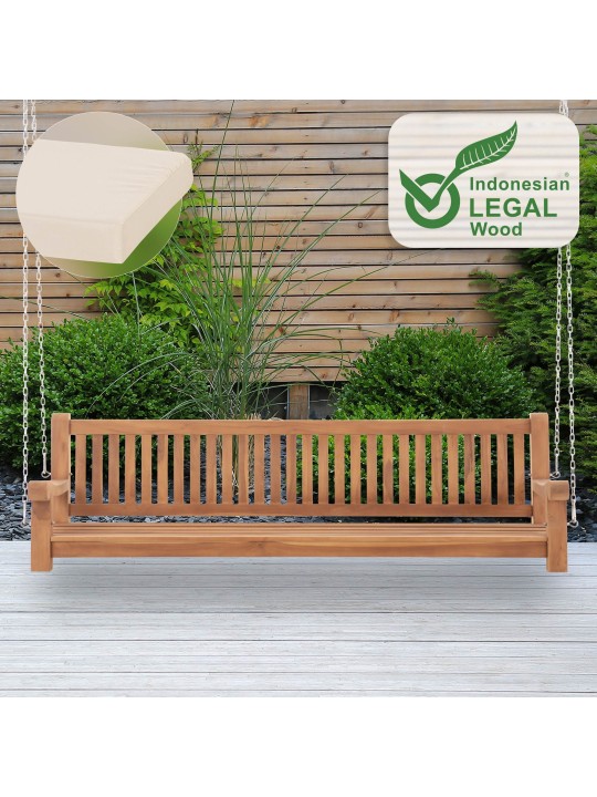 Banco de balanço Joyce com almofada de assento 220 cm + teca, creme Banco de balanço Joyce com almofada de assento 220 cm + teca, creme