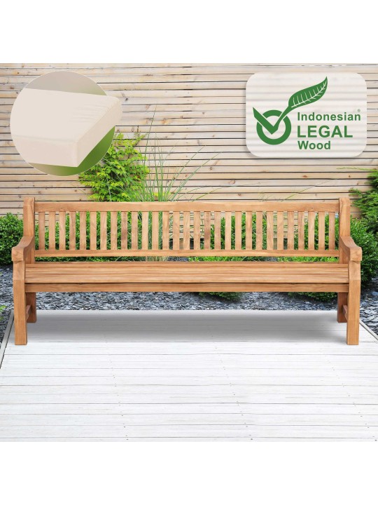 Banco de teca Jackson com almofada de assento 240 cm + teca, creme Banco de teca Jackson com almofada de assento 240 cm + teca, creme