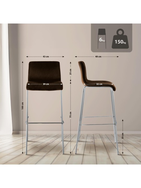 Banqueta alta Hoover veludo 4 pés cromado, castanho