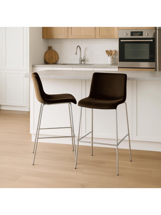 Banqueta alta Hoover veludo 4 pés cromado, castanho