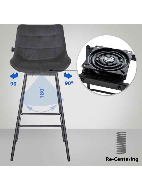 Conjunto de 4 bancos de bar giratórios de veludo Weston, cinza escuro