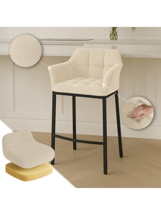 Banqueta alta Damaso B Cord com estrutura de 4 pés, creme