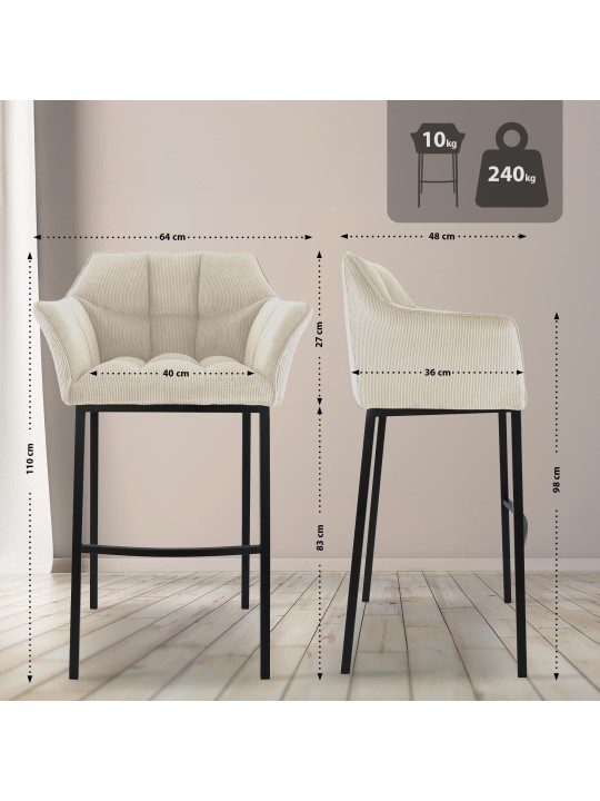 Banqueta alta Damaso B Cord com estrutura de 4 pés, creme