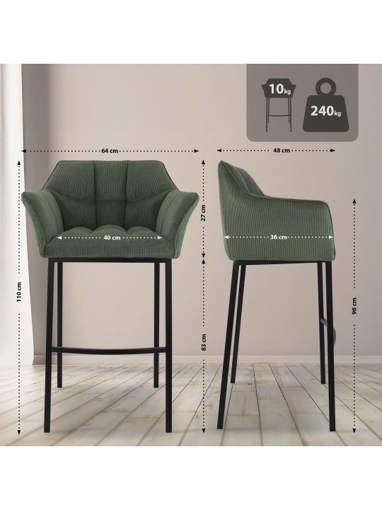 Banqueta alta Damaso B Cord com estrutura de 4 pés, verde