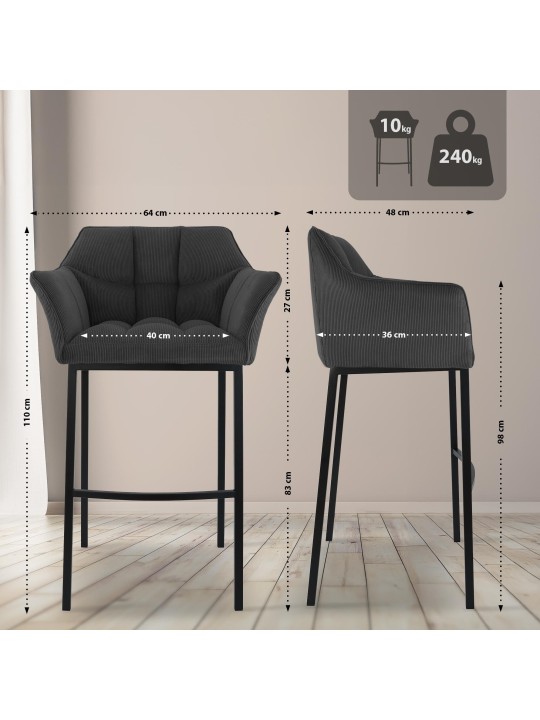 Banqueta alta Damaso B Cord com estrutura de 4 pés, cinza escuro