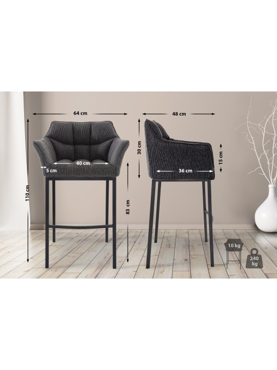 Banqueta alta tecido Damaso B com estrutura de 4 pés, cinza titânio