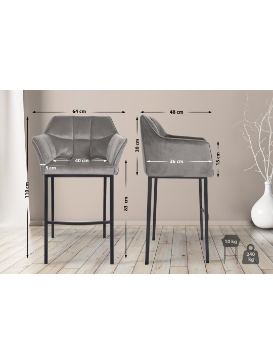 Banco alto Damaso B em veludo com estrutura de 4 pés, cinza