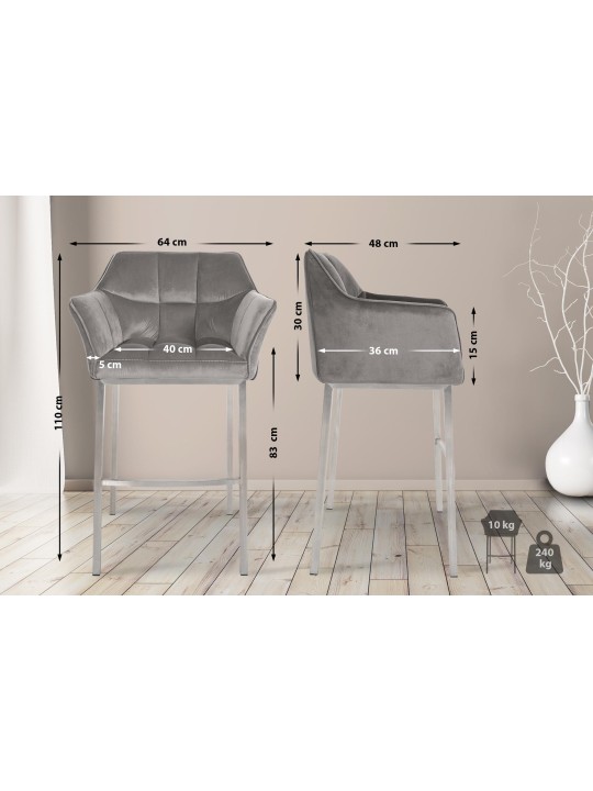 Banqueta alta Damaso E veludo com estrutura de 4 pés, cinza Banqueta alta Damaso E veludo com estrutura de 4 pés, cinza