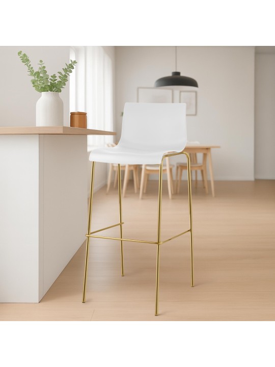 Conjunto de 2 bancos altos de plástico Hoover de 4 pés dourados, branco Conjunto de 2 bancos altos de plástico Hoover de 4 pés dourados, branco