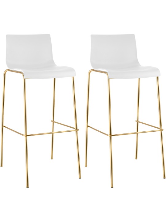 Conjunto de 2 bancos altos de plástico Hoover de 4 pés dourados, branco Conjunto de 2 bancos altos de plástico Hoover de 4 pés dourados, branco