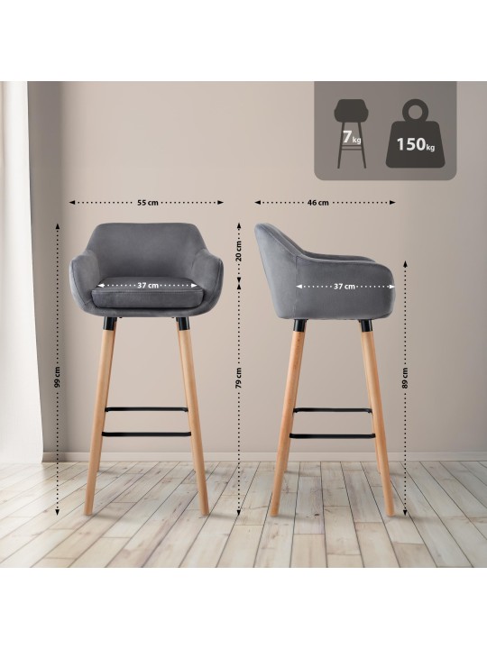 Conjunto de 2 bancos altos Grant veludo, cinza