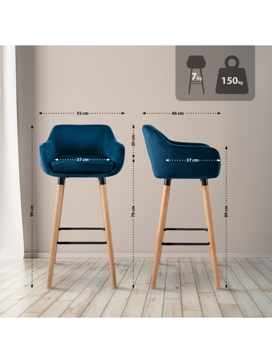 Conjunto de 2 bancos altos Grant veludo, azul